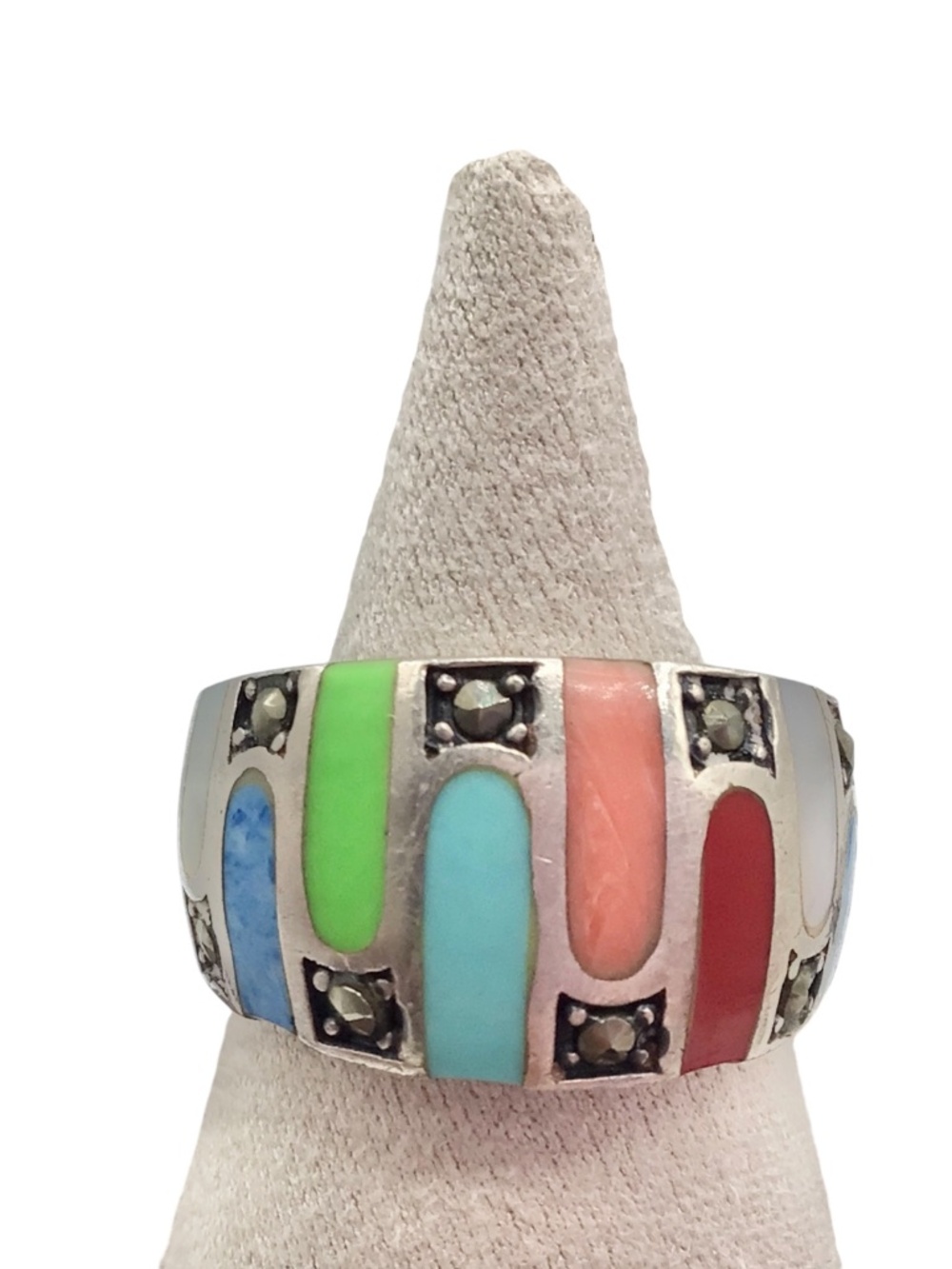 Sterling Silver Multicolor Ring, Size 8.5-8.75, Colorful Inlay Statement Ring